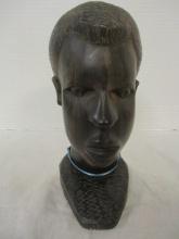 African Wood Carving Young Man Head Bust