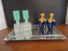 Mirror Vanity Tray and Two Pair of Perfume Bottles