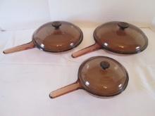 Three Amber Brown Vision Ware Waffle Bottom Skillets with Lids