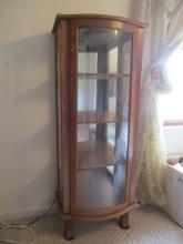 Illuminated Oak Bow Front Curio Cabinet with Mirrored Back