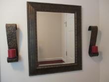 Framed Beveled Mirror and Pair of Candle Sconces