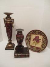Red and Gold Candle Holders, Plate, and Faux Book