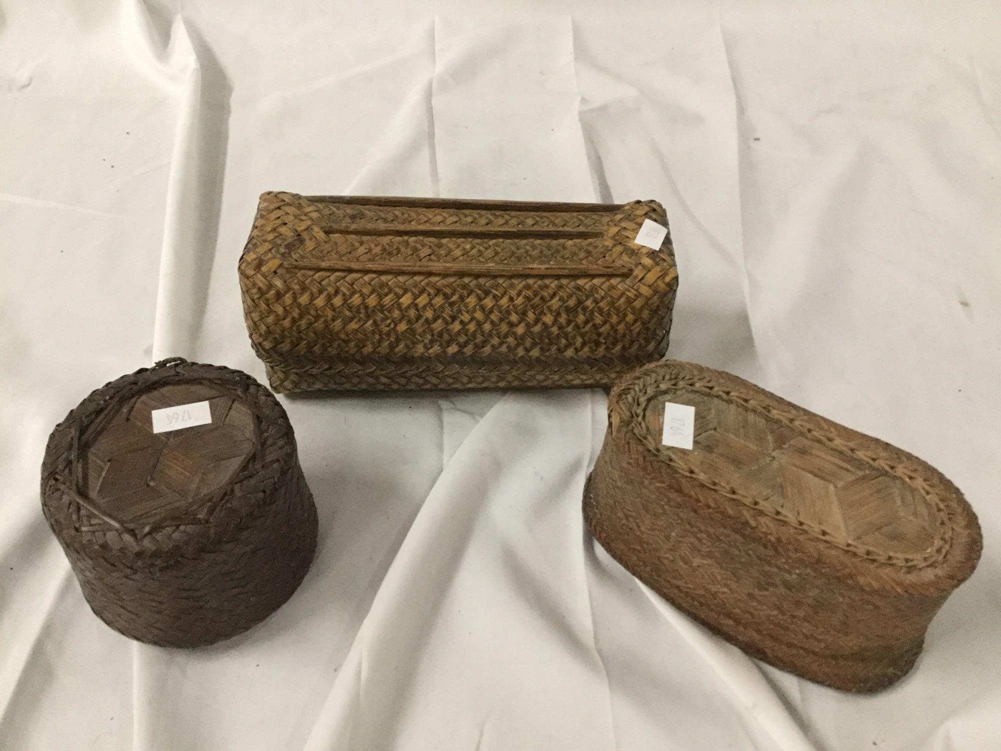 Selection of 3 antique small woven baskets with lids made in Bhutan