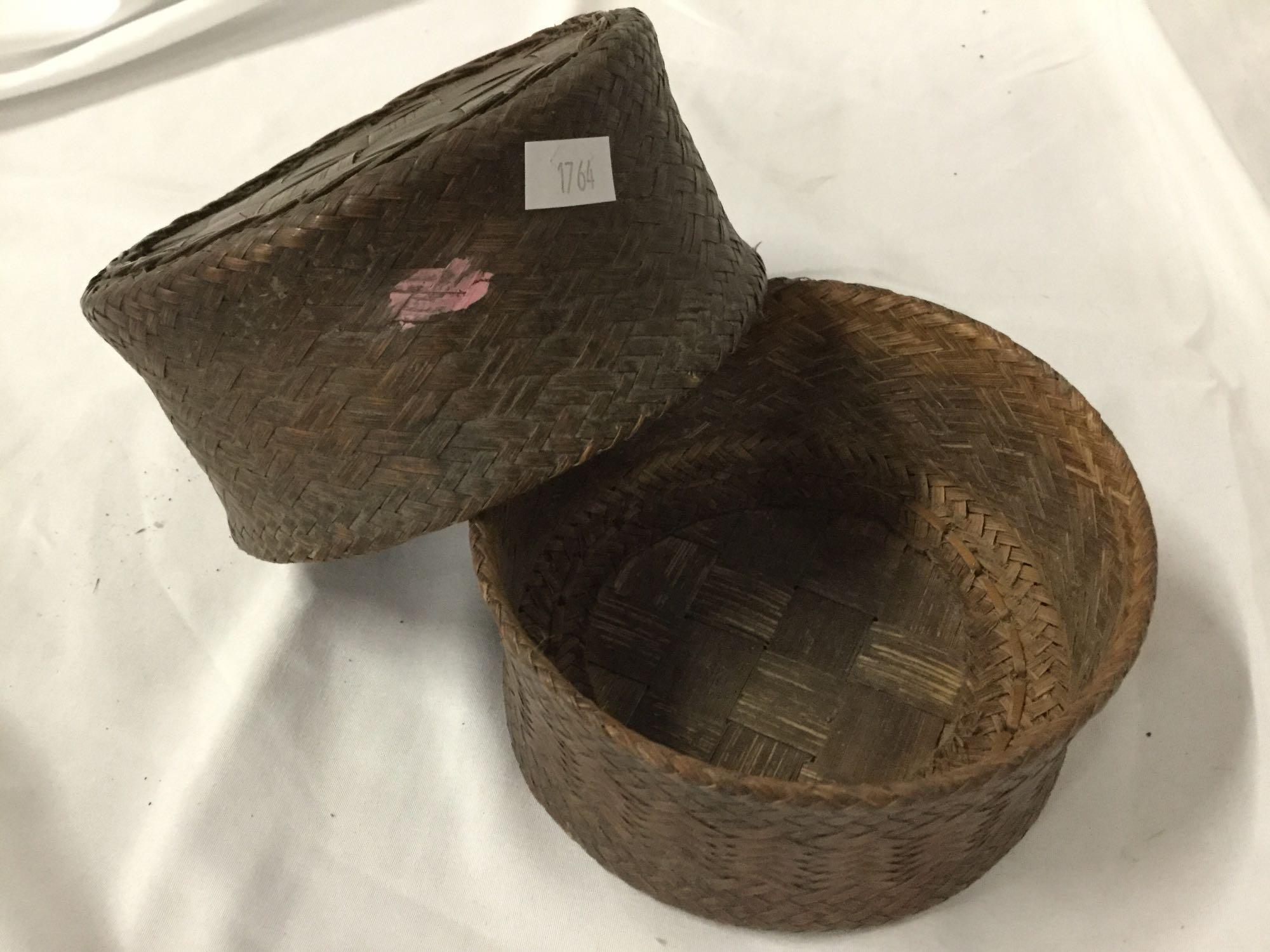 Set of 2 small antique woven baskets with lids, made in Bhutan