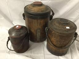 3 antique wooden containers from Tibet with lids and handles - graduating sizes