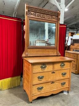 Antique Wheeled Wooden Vanity Dresser w/ Framed Mirror, 4 Drawers, Beautiful Detailing. See pics.