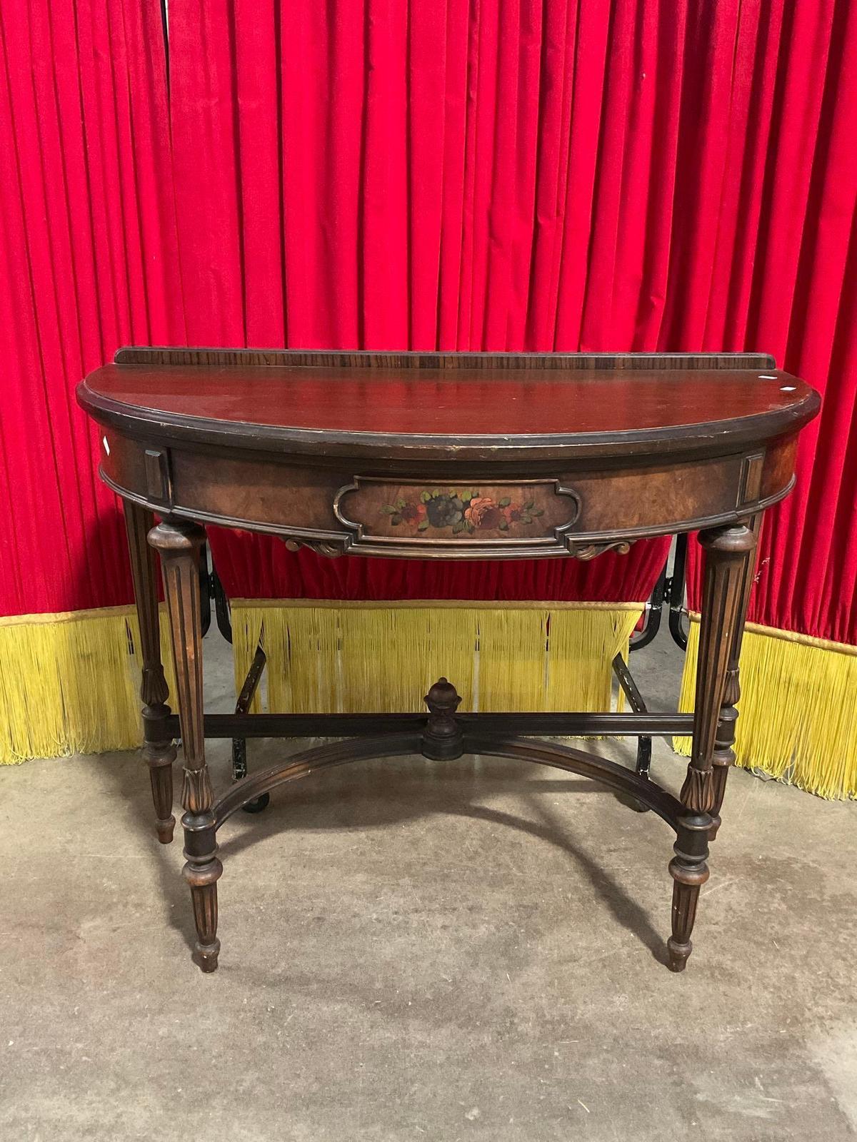 Antique Berkey & Gay Half Moon Walnut Side Table w/ Drawer & Painted Floral Accents. See pics.