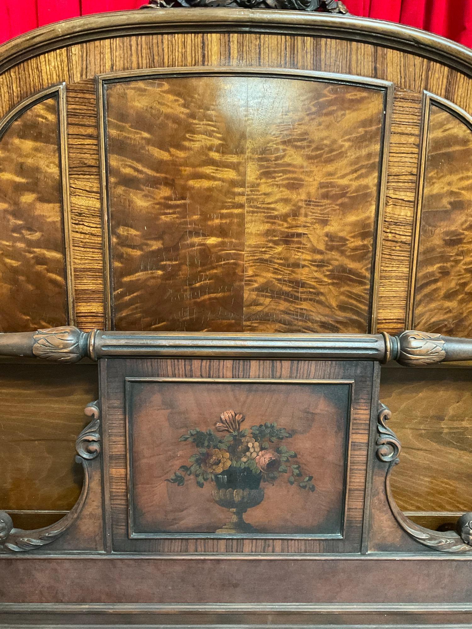 Antique Berkey & Gay Intricately Carved Walnut Twin Bed Frame w/ Painted Floral Accents. See pics.