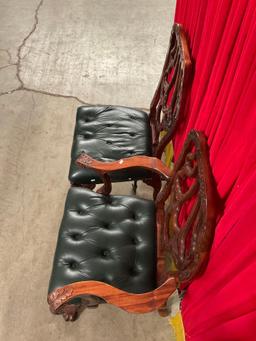 2 pcs Vintage Mahogany Chairs w/ Button Tucked Green Leather Seats & Claw Feet. See pics.