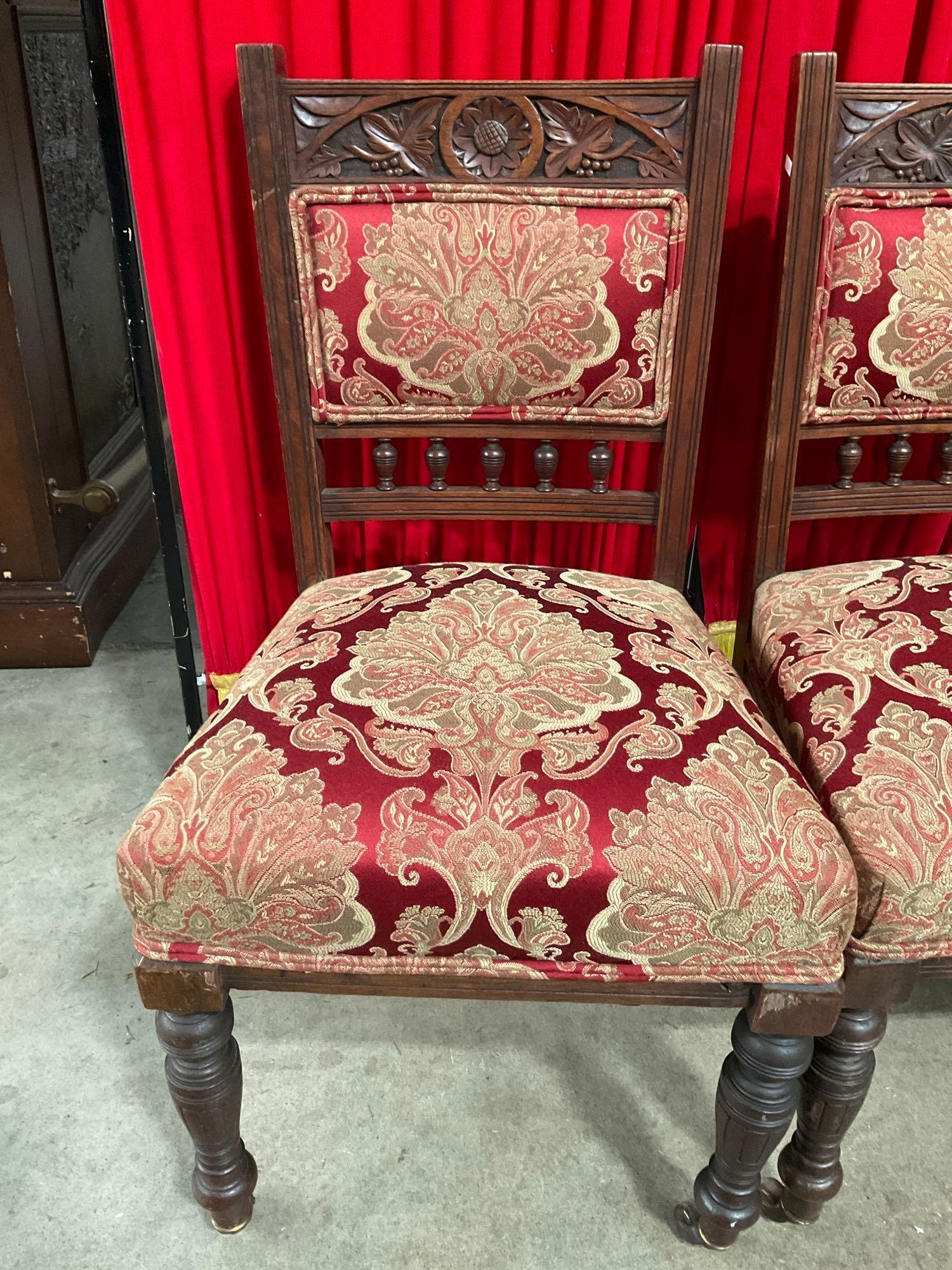 4 pcs Beautifully Carved Antique Wooden Stick & Ball Chairs w/ Red Paisley Upholstery. See pics.