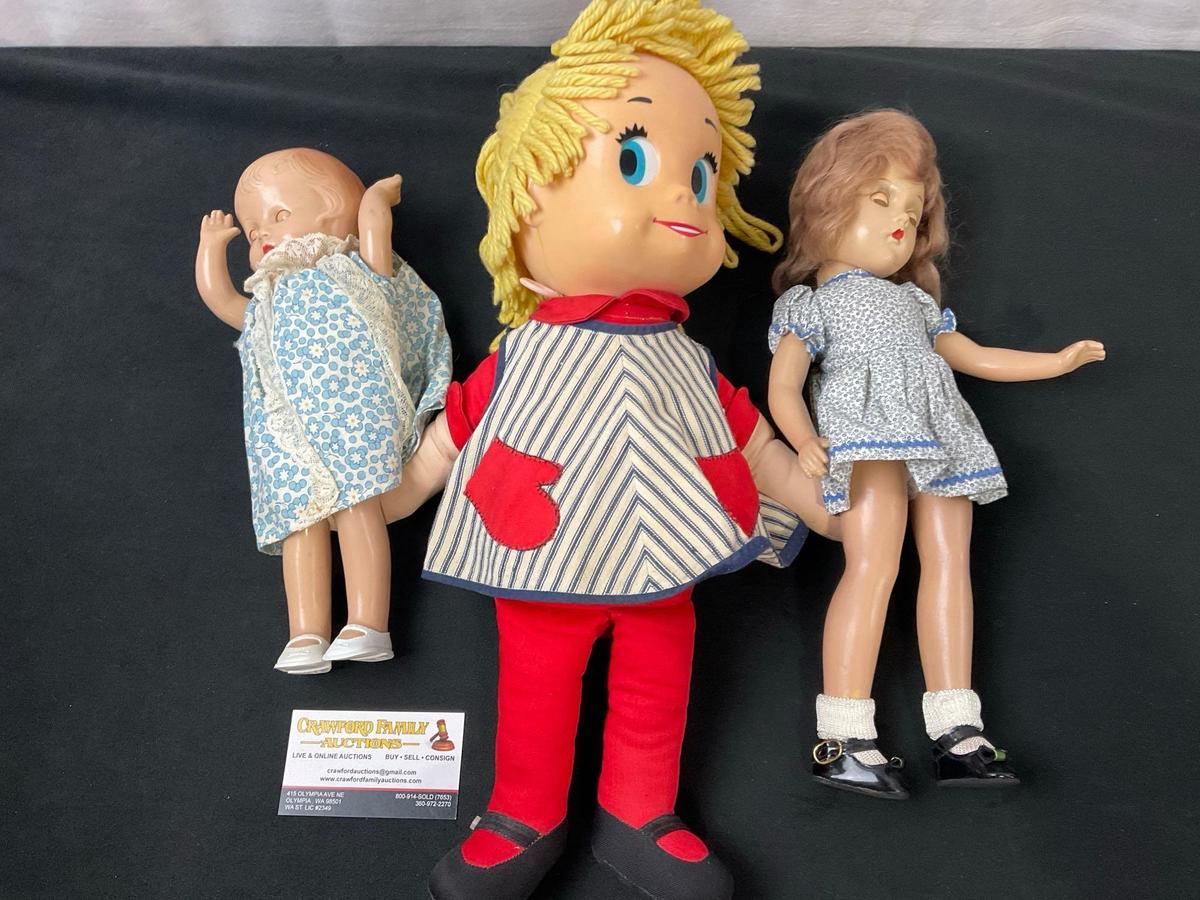 Set of 3 Vintage Dolls, Sister Belle Pull String, Horseman Baby Doll, Saucy Walker Ideal Doll