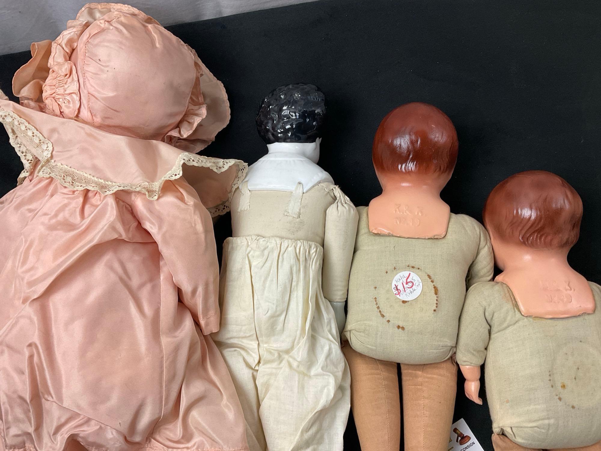 Set of 4 vintage dolls, 1x Antique German Bisque, 2x matching 1920s-30s K&Ks Dolls, 1x Horsman