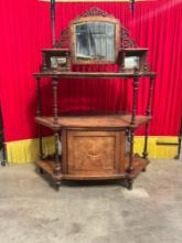 Vintage Intricately Carved Burl Wood Curio Cabinet w/ 3 Mirrors, Display Stands & Cupboard. See