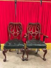 2 pcs Vintage Mahogany Chairs w/ Button Tucked Green Leather Seats & Claw Feet. See pics.