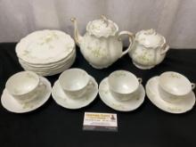 Vintage Tea Set A. Lanternier Limoges, delicate floral pattern, 17 pieces