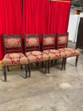 4 pcs Beautifully Carved Antique Wooden Stick & Ball Chairs w/ Red Paisley Upholstery. See pics.