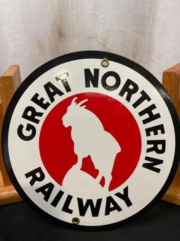 Two Sided Wooden handcrafted Train Railroad Bookends & Great Northern Railway tin sign