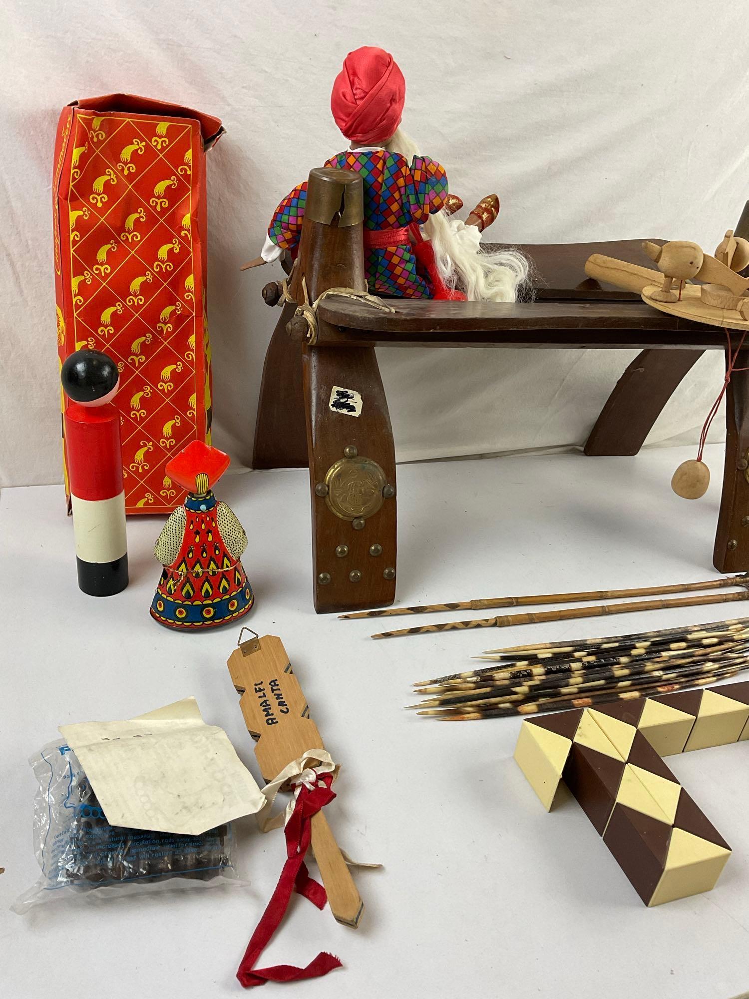 32 pcs Vintage Traditional Children's Toys & Souvenir Assortment. Wooden Camel Saddle. See pics.