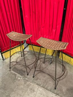 Pair of Vintage Metal Barstools w/ Brown Wicker Seats. Measures 19" x 25". See pics.