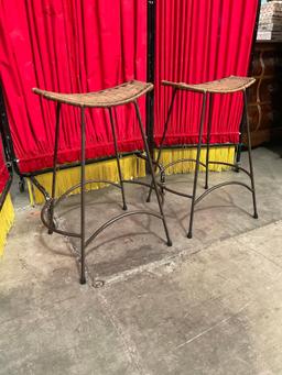 Pair of Vintage Metal Barstools w/ Brown Wicker Seats. Measures 19" x 25". See pics.