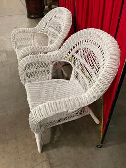 Pair of Vintage White Painted Wicker Patio Armchairs w/ Bead Accents. Measures 30" x 35" See pics.