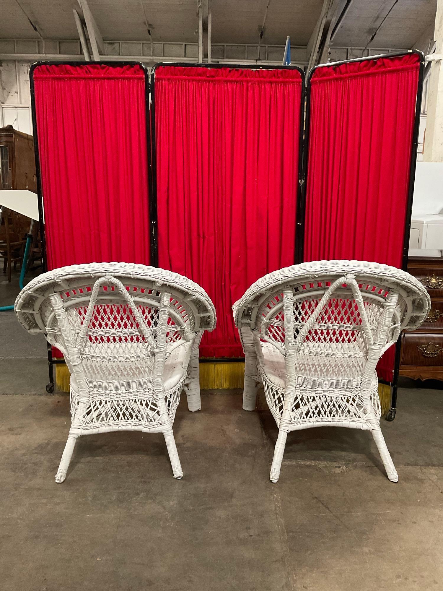 Pair of Vintage White Painted Wicker Patio Armchairs w/ Bead Accents. Measures 30" x 35" See pics.