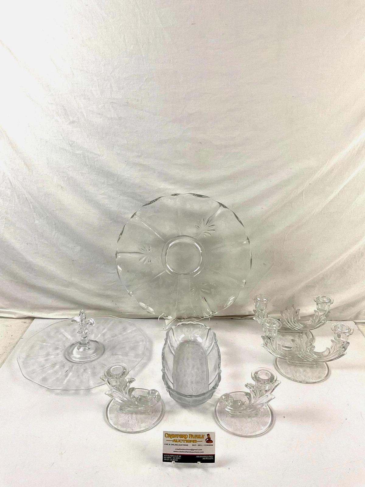 7 pcs Antique Heisey Rose Chintz Pattern Etched Glass Assortment. Plates, Candlestick Holders. etc