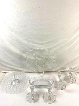 7 pcs Antique Heisey Rose Chintz Pattern Etched Glass Assortment. Plates, Candlestick Holders. etc