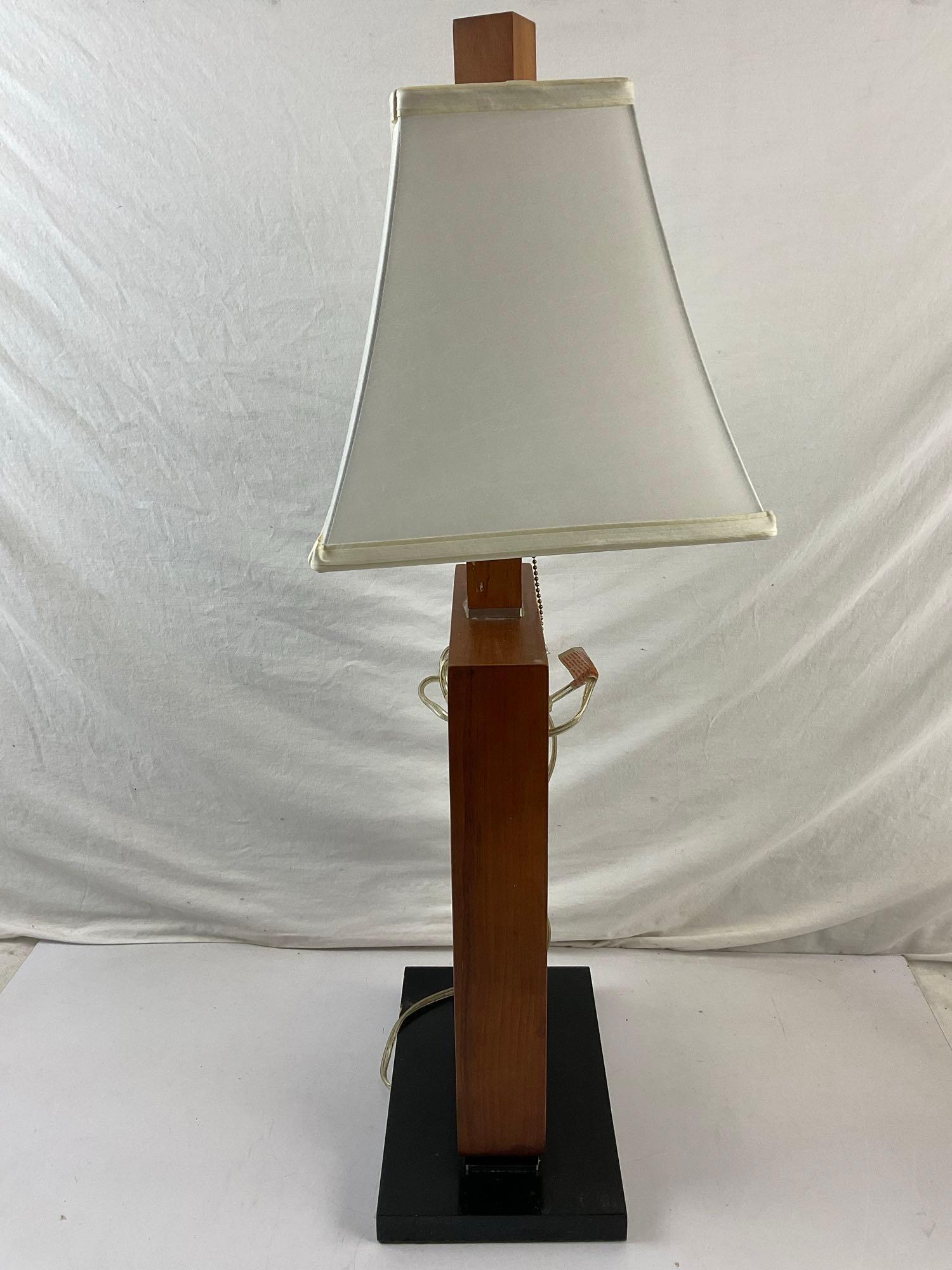 Modern Wooden Geometric Table Lamp w/ Cream Cloth Shade. Tested, Working. See pics.