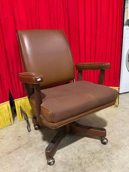 Vintage High End Wheeled Adjustable Wooden Office Chair w/ Brown Vinyl & Fabric Seat. See pics.