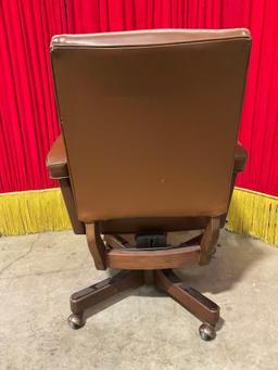 Vintage High End Wheeled Adjustable Wooden Office Chair w/ Brown Vinyl & Fabric Seat. See pics.