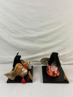 2 pcs Vintage Handmade Japanese Cloth Dolls w/ Stands & Miniature Accessories. See pics.