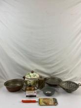 8 pcs Vintage Metal Kitchen Wares Assortment. Asta Enameled Baking Dish. Copper Strainers. See pi...