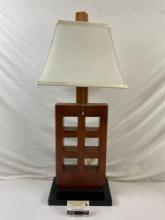 Modern Wooden Geometric Table Lamp w/ Cream Cloth Shade. Tested, Working. See pics.