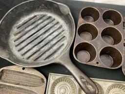 Vintage Cast Iron Wagnerware Grill Pan, Cupcake Molds, Cornbread Pan, and more, 7 pieces