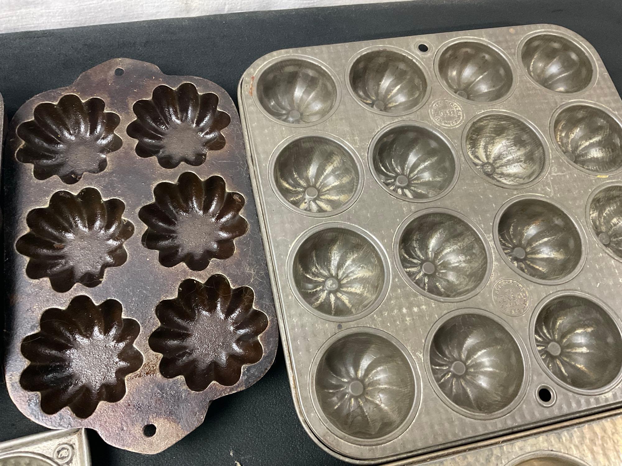 Vintage Cast Iron Wagnerware Grill Pan, Cupcake Molds, Cornbread Pan, and more, 7 pieces