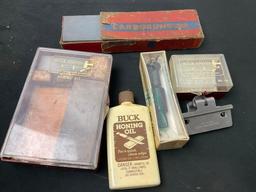Buck Knife Sheath, Honing Kit, Honemaster, and Carborundum, Duck Call & Shakespeare Fillet Knife