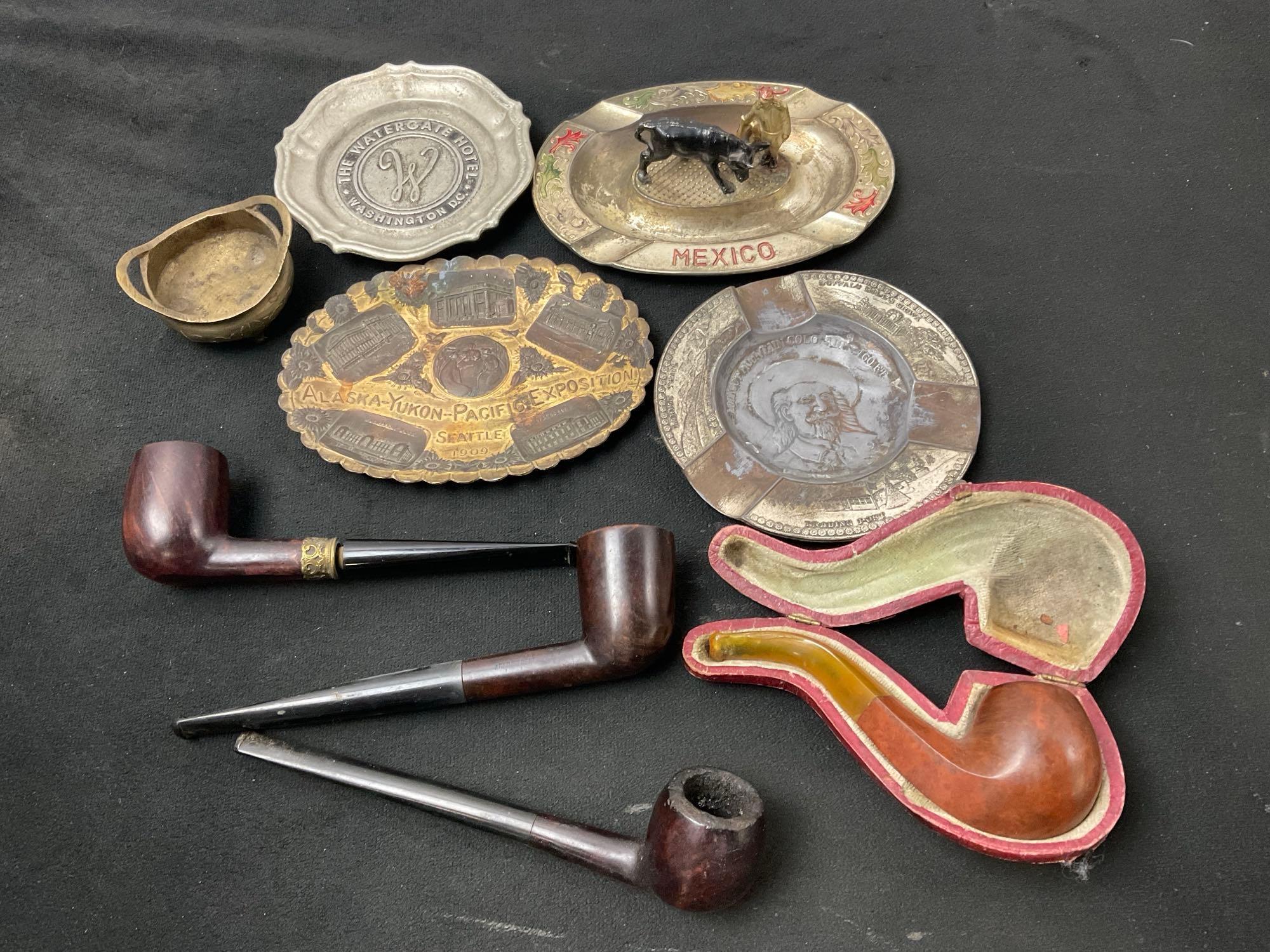 Collection of Ashtrays and Tobacco Pipes, incl from The Watergate Hotel, finely detailed engraving