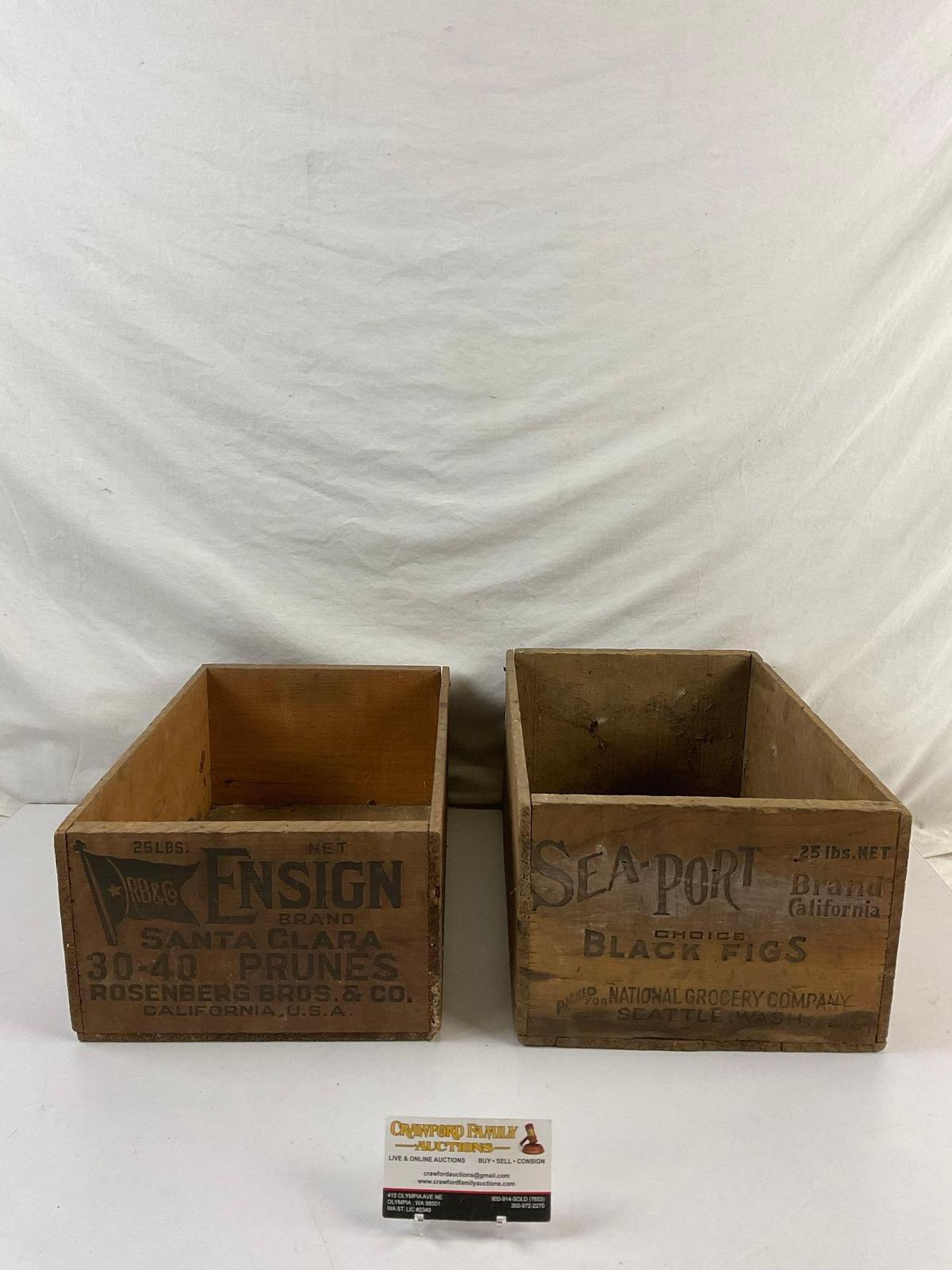 2 pcs Vintage Wooden Produce Boxes. CA Brands Ensign Prunes & Sea-Port Black Figs. See pics.