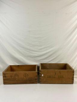 2 pcs Vintage Wooden Produce Boxes. CA Brands Ensign Prunes & Sea-Port Black Figs. See pics.