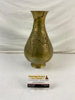 Vintage Brass Urn w/ Kingfisher & Flowering Vine Motifs. Stands 15" Tall. No hallmark. See pics.
