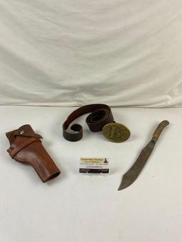 3 pcs Vintage Men's Accessories Assortment. Lawrence Leather Holster, Antler Handled Knife. See