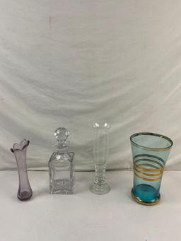 4 pcs Vintage Glass Vessel Assortment. Duiske Irish Handcut Glass Vase. Crystal Decanter. See pics.