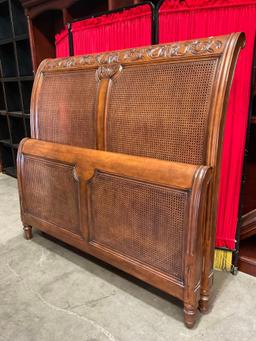 Vintage Curved Wooden Queen Bed Headboard & Footboard w/ Intricate Carving & Caning. See pics.