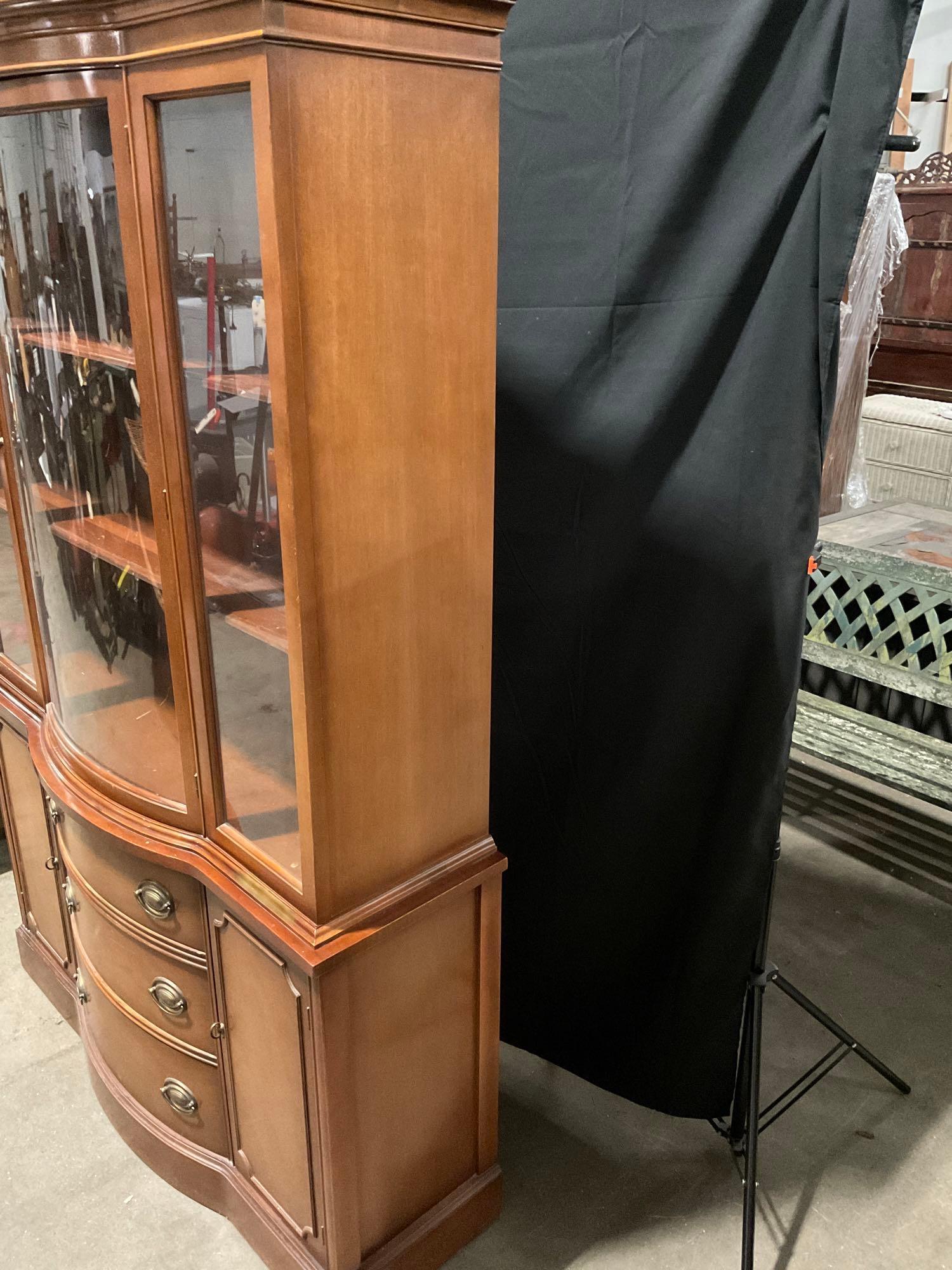 Vintage serpentine front, maple and glass hutch with original hardware - Fair condition