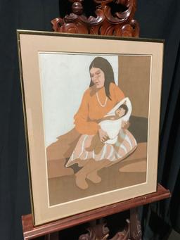 Framed Batik wax resist piece by artist Pat Rutledge, Woman & Child