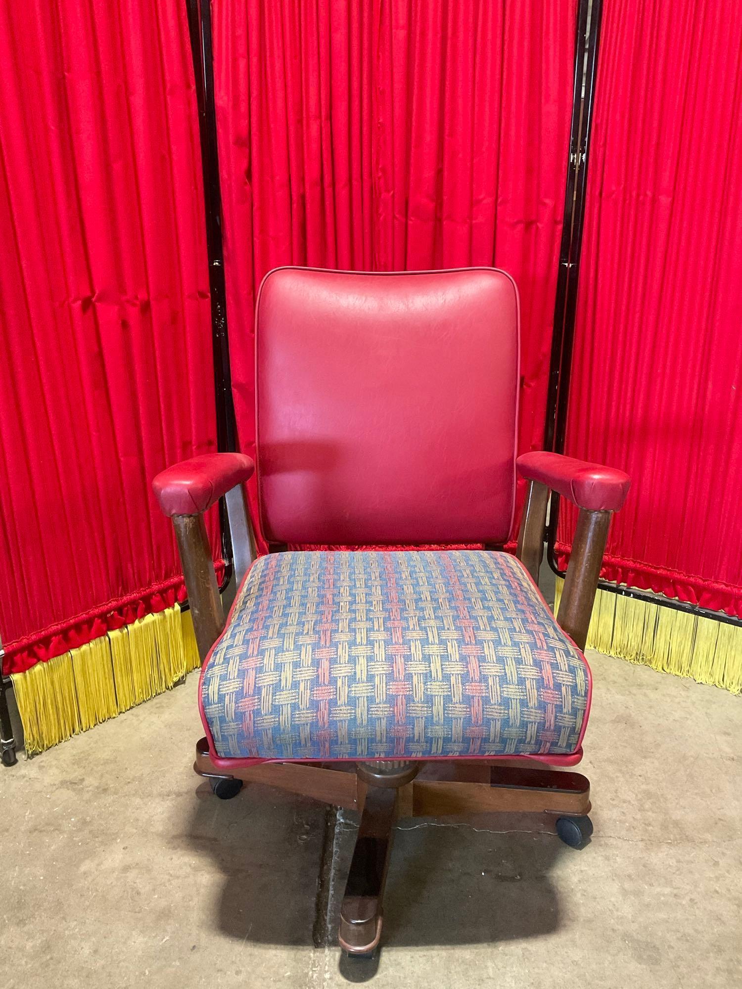 Vintage Red Vinyl and Wooden Swivel Arm Chair. Blue Cushion Upholstery. See pics.