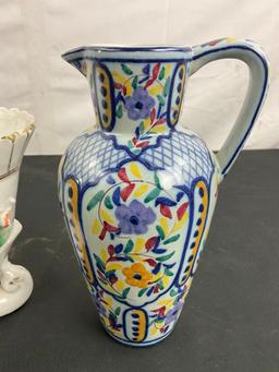 Pair of double cornucopia vases w/ stunning floral design & Ceramic floral pitcher Made in Portugal