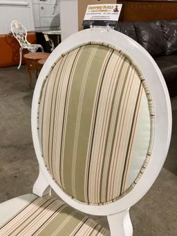 Vintage White Wooden Banquet Chair w/ Sage Green Striped Upholstery. See pics.