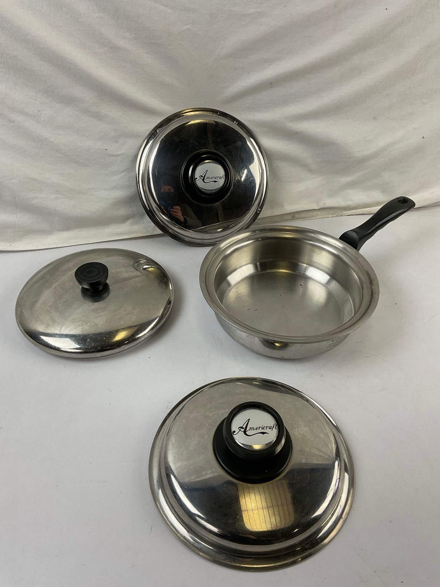 5 pcs Contemporary Cookware & Accessories Assortment. Small Americraft Skillet w/ Lid. See pics.